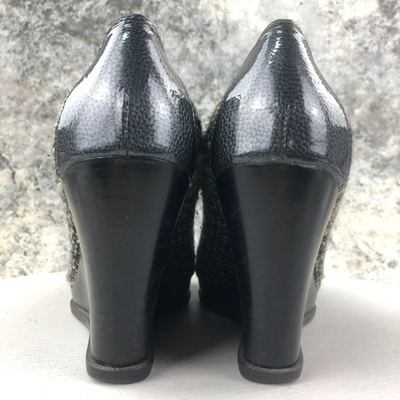 Sperry Women's Size 9.5M Top Sider Black Cream Tweed Peep Toe High Heel Wedges - Picture 6 of 13